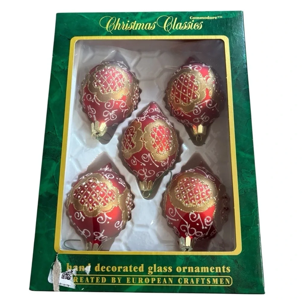 Vintage 70's Commodore Christmas Ornaments: Red & Gold Swirls, Set of 5 Glass